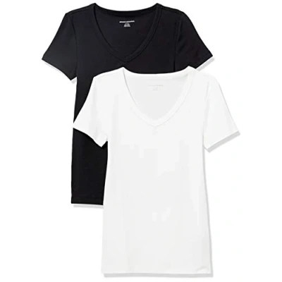 Afbeelding van Amazon Essentials Women&#039;s T shirt met korte mouwen en V hals in slanke pasvorm, Pack of 2, Zwart/Wit, M