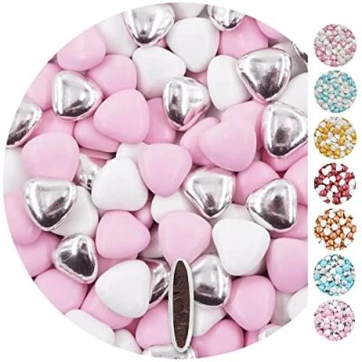 Afbeelding van EinsSein 1kg Bruidsuiker chocolade hartjes Dragées Mix medium wit roze zilver glans mini dragee hart paars doopsuiker bruiloft kerstmis chocoladehartjes suiker gekleurd suikerlaagje
