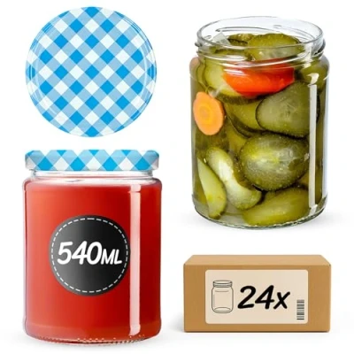 Afbeelding van KADAX Weckpotten, 540 ml, inmaakpotten voor schroefdeksel, jampot, voorraadpot, conservenglas, ronde glazen (blauw geruit, 24 stuks)