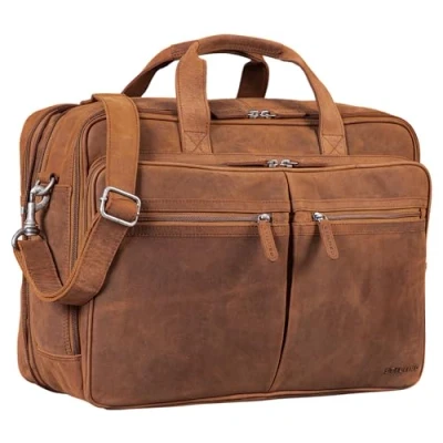 Afbeelding van STILORD &#039;Gigantus&#039; XXL Aktetas Laptoptas 17.3 inch tot 19 kantoor schouder of schoudertas voor laptop met drievoudige verdeler echt leer vintage, Kleur:tan donker bruin