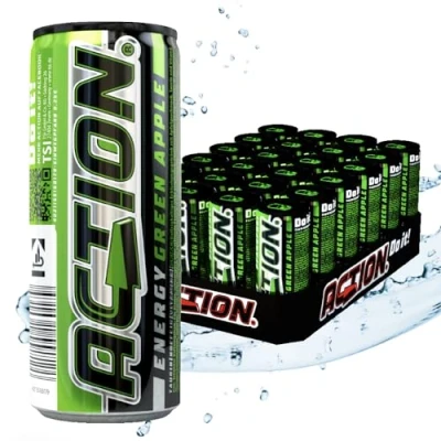 Afbeelding van ACTION Energy Drink Green Apple (48 x 250 ml) incl. borg verfrissende drank met groene appel smaak energiekick verhoogd cafeïnegehalte 31,5 mg/100 ml cafeïne, verbeterde focus