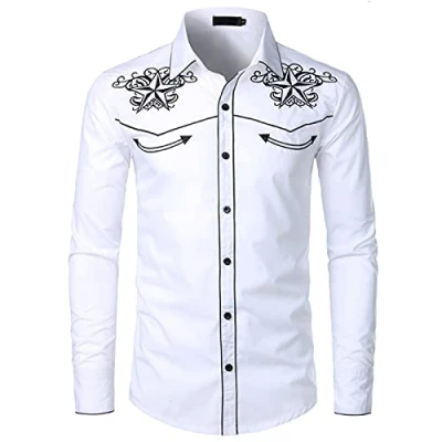 Afbeelding van NW Mens stijlvolle westerse cowboy shirt geborduurd slim fit casual lange mouwen shirts heren bruiloft party shirt, Wit 01, L