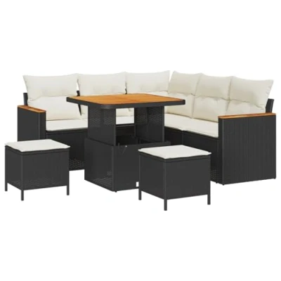 Afbeelding van vidaXL 8 delige Tuin Sofa Set met Kussens Zwart Poly Rattan Acacia, 3 Eettafel Acacia