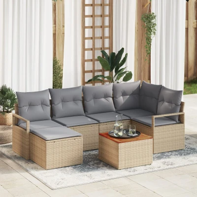 Afbeelding van vidaXL 7 delige tuinbankset met kussens beige poly rattan acacia