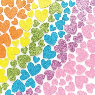Afbeelding van Baker Ross Regenboog Glitter Hartstickers 210 stuks, schuimzelfklevend, pastelkleuren om collages en ambachten te versieren, ideaal voor scholen, knutselgroepen, feestknutselen, thuis