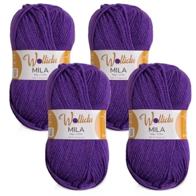 Afbeelding van Wollidu Mila garen voor haken en breien, 4 x 50 g/133 m, breigaren, 100% polyacryl, haakgaren, paars
