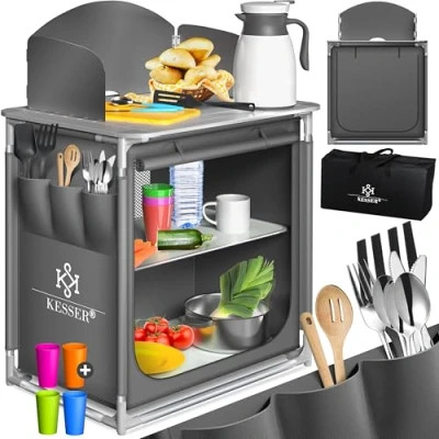 Afbeelding van KESSER® Campingkeuken, incl. draagtas en bekerset, campingkast, vouwkast, met aluminium frame, reiskeuken, keukenbox, tentkast, outdoor camping keuken, grijs, type F2