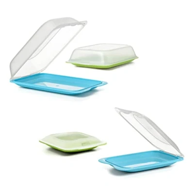 Afbeelding van TATAY Set van 4 worst en voedselhouders vers, 2 maxi mini, BPA vrij, herbruikbaar, stapelbaar, vaatwasmachinebestendig magnetronbestendig, groen blauw kleuren