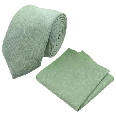 Afbeelding van DB Dickie Bow Luxe katoenen mix skinny hals stropdas &amp; pochet set voor heren, Sage Groen, Tie Length: 145cm. Pocket Square: 23cm x