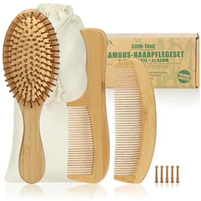 Afbeelding van COM FOUR® 2 delige premium haarverzorgingsset, universele borstel en stylingkam van bamboehout, bamboe haarborstel voor elk haartype