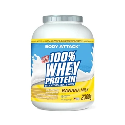Afbeelding van Body Attack 100% Whey Proteïne, banaanmelk, 2,3 kg, Made in Germany, extra romig eiwitpoeder met hydrolysaat en BCAA&#039;s, ondersteunt spieropbouw diëten, voor sporters atleten