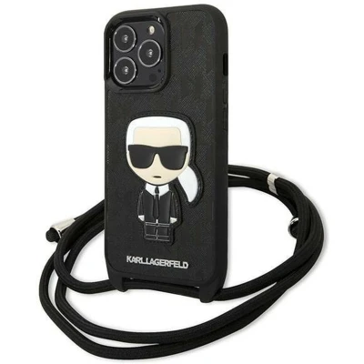 Afbeelding van Karl Lagerfeld KLHCP13LCMNIPK iPhone 13 Pro / 6.1&quot; hardcase zwart/zwart Leren monogrampatch en koord Iconik