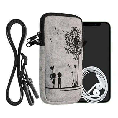 Afbeelding van kwmobile Tasje voor smartphones XL 6,7/6,8&quot; Hoesje van vilt in zwart / lichtgrijs Phone case met nekkoord Paardenbloemen Liefde design
