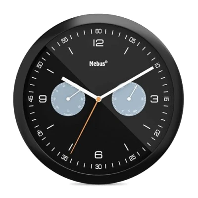 Afbeelding van MEBUS moderne Quarz Wanduhr mit Temperaturanzeige, Luftfeuchtigkeit, 26 cm Durchmesser groß, Wohnzimmer, Küchenuhr, Rund/Modell: 16100 / Farbe: Schwarz