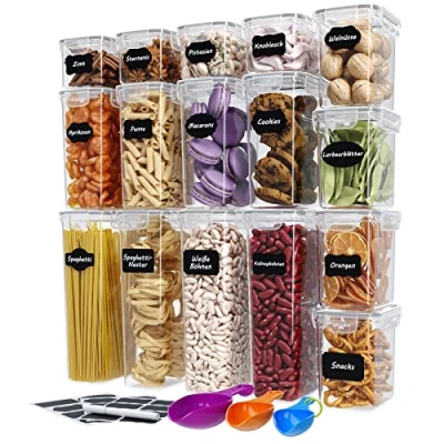 Afbeelding van Voorraaddozenset met etiketten, krijtstift en maatlepels, vershouddozen deksel, BPA vrij, luchtdicht, lekvrij, vaatwasmachinebestendig, aantal: 16 delig.