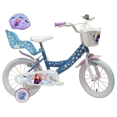 Afbeelding van A.T.L.A.S. Kinderfiets, 40,6 cm, meisjes, ijskoningin, Frozen met 2 remmen, mand voor, poppenhouder achter, spatborden en stabilisatoren + helm inbegrepen, blauw wit