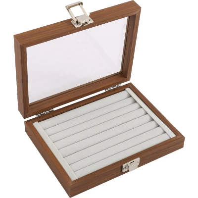 Afbeelding van Fliex sieradendoos luxe donkerbruin hout lichtgrijs velours walnoot bruin 7 rijen deksel
