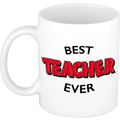 Afbeelding van Best teacher ever cadeau koffiemok / theebeker wit bedankje juf meester 300 ml feest mokken