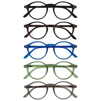 Afbeelding van OPULIZE REY Leesbril 5 Pack Retro Rond Montuur Matzwart, Bruin, Blauw, Groen, Grijs Heren Dames Veerscharnieren RRRRR56 12367 +2.00