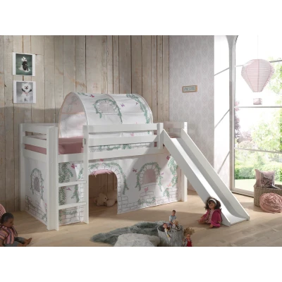 Afbeelding van LUCEVI Pino Halfhoogslaper + Ladder Glijbaan Birdy Gordijntjes Tunnel Wit 90x200 cm