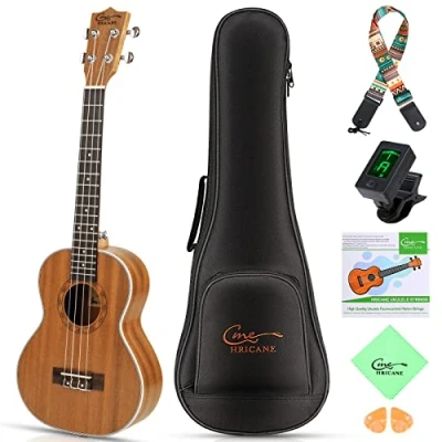 Afbeelding van Hricane Sapele Sopraan ukelele Set voor kinderen en volwassenen, 53 cm, starterset met tas, tuner, nylon snaren, pick, riem, kleine Hawaï gitaar