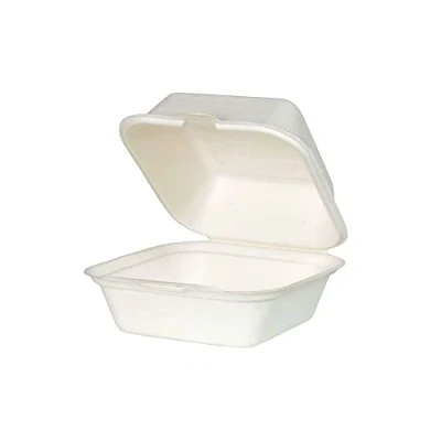Afbeelding van GREENBOX 50 x Bio Burgerbox, wegwerp suikerrietkom, wegwerpservies, biologisch afbreekbaar, hamburgerboxen, bagasse, kommen, composteerbaar, 500 ml, klapdeksel, doos 14,3 15 cm