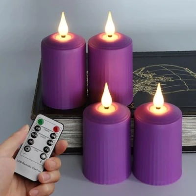 Afbeelding van FREEPOWER 4 paarse led kaarsen, flikkeren met afstandsbediening, timer, outdoor, werkt op batterijen, vlamloze stompkaarsen, advenkaarsen, adventskrans, decoratie, 350 uur, diameter 5 x 10,5 cm