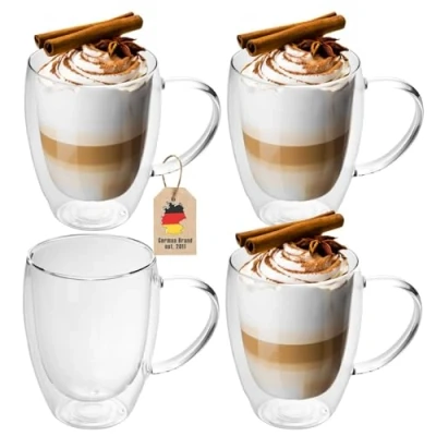 Afbeelding van Intirilife 4x Dubbelwandig thermo glas set in 300 400ml koffiemok geïsoleerd latte macchiato thee koffie