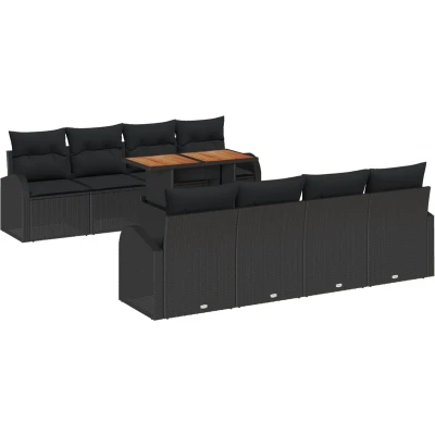 Afbeelding van vidaXL 9 delige Tuin Eettafel Set met Kussens Zwart Poly Rattan Acacia