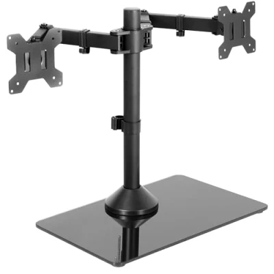 Afbeelding van VIVO Vrijstaande dubbele monitorstandaard met slanke glazen voet en verstelbare armen, monteert 2 schermen tot 32 inch 22 lbs elk, zwart, STAND V002FG