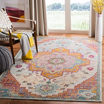 Afbeelding van SAFAVIEH Boho tapijt voor woonkamer, eetkamer, slaapkamer kristalcollectie, laagpolig, in lichtblauw en fuchsia, 91 x 152 cm