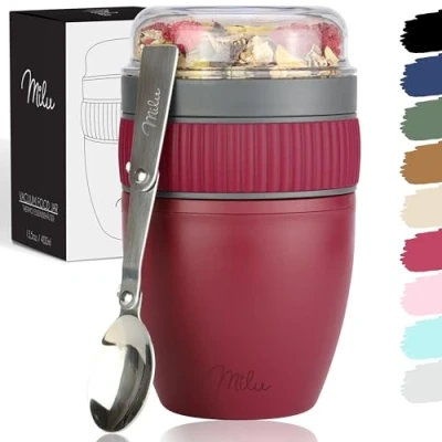 Afbeelding van Milu Ontbijtgranen Cup met lepel to go yoghurt pot lekvrije nachtelijke haver ontbijt opslag container BPA vrij voor kantoor school reizen picknick (Berry, 400 ml)