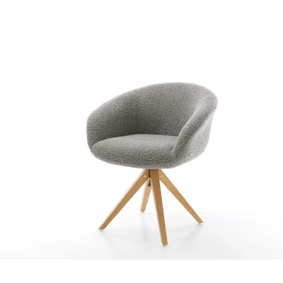 Afbeelding van Eetkamerstoel Vinka Flex met armleuning houten frame hoekig natuur bouclé zilver grijs pocketveer kern 180 draaibaar