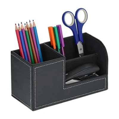 Afbeelding van Relaxdays bureau organizer kunstleer pennenbak desk met 3 vakken make up zwart