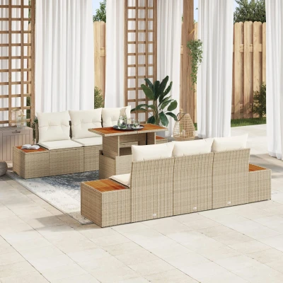 Afbeelding van vidaXL Tuin Sofa Set van 7 Beige Rattan Eetset Rechthoekig