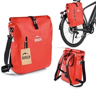 Afbeelding van Borgen fietstas voor bagagedrager 3 in 1 fietsrugzak I bagagedragertas schoudertas combi 100% waterdicht en reflecterend met afneembare laptoptas (rood, 18 L)