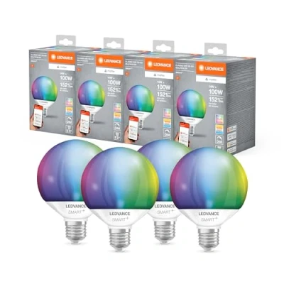 Afbeelding van LEDVANCE SMART+ MATTER LED lamp, compatibel met Google, Alexa, Apple, witte matte look, 14W, 1521lm, E27 fitting, gekleurd licht en wit licht, app of stembediening, levensduur tot 20.000 uur, 4 pack