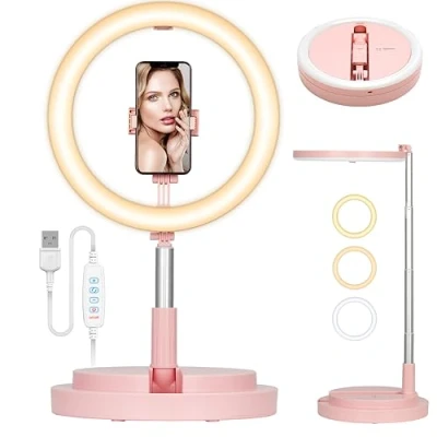 Afbeelding van TARION Led ringlamp: 30 cm opvouwbare ringlamp, tafelringlicht met statief en telefoonhouder voor video, fotografie, selfie, live streaming, zoom (roze)