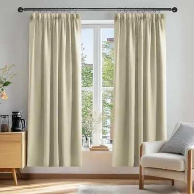 Afbeelding van Deconovo Verduisteringsgordijn met Plooiband, Kant en Klaar, Gordijn Rimpelband Blackout Stof voor Woonkamer, Beige, 107x213 cm (B x H), 2 stuks