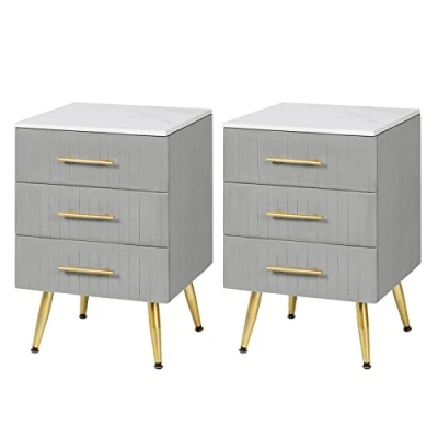 Afbeelding van WOLTU Set van 2 nachtkastjes voor boxspringbed, 3 laden massief hout, commode met schuifladen dressoir, eenvoudige montage, hoog draagvermogen, 40,5 x 41 60 cm, grijs TS135gr