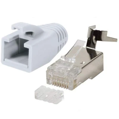 Afbeelding van odedo 10 x RJ45 stekker CAT7, CAT6A, CAT8.1 netwerkstekker voor installatiekabel, installatiekabel GB AWG 22 24 PoE LAN krimpstekker, metaal met invoerhulp en knikbescherming, wit