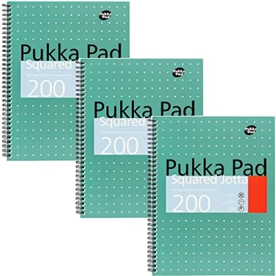 Afbeelding van Pukka Pad, A4 Squared Metallic Jotta Book 3 Pack 29,7 x 23 cm Wirebound Notebook met 80GSM papier voorzien van 4 gaats ponsmarges en geperforeerde randen 200 pagina&#039;s, groen