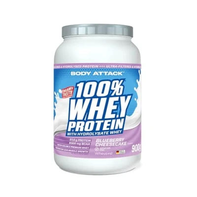 Afbeelding van Body Attack 100% Whey Proteïne, Blueberry Cheesecake, 900 g, Made in Germany, extra romig eiwitpoeder met hydrolysaat en BCAA&#039;s, ondersteunt spieropbouw diëten, voor sporters atleten
