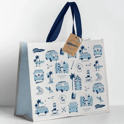 Afbeelding van Boodschappentas Volkswagen Busje VW T1 Explore Wit&amp;Blauw Duurzaam RPET 33x39,5x18,5cm
