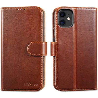 Afbeelding van Lensun Leren hoes voor iPhone 11, RFID blokkering, boek met portemonnee, magneetsluiting, flipcase, donkerbruin