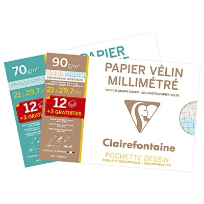 Afbeelding van Clairefontaine 196854AMZC een set met 2 hoezen van 15 vellen (12 + 3 gratis), 21 x 29,7 cm, bestaande uit 90 g millimeterzakje en gelaagde tas 70/75