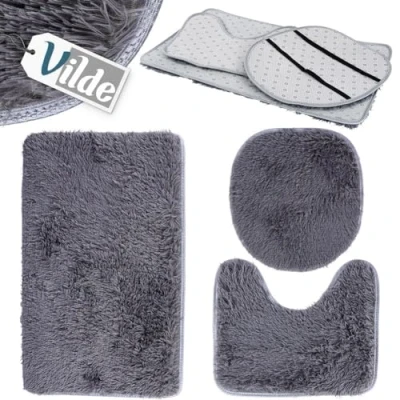 Afbeelding van Badmat Set Grijs 3 delig Badmatten Toiletmat Douchemat Vloermat WC Mat