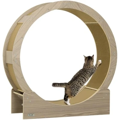 Afbeelding van PawHut Kattenloopfiets voor katten, 91 cm diameter, kattenwiel met rem, loopbaan, krabplank, gewichtsverlies en gezondheid, walnoot
