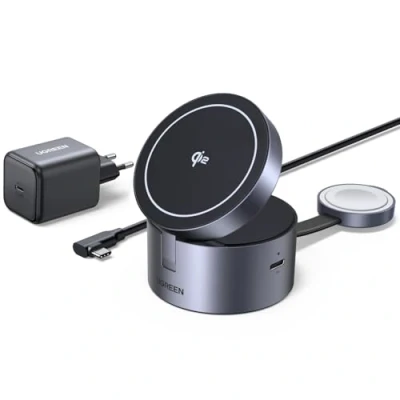 Afbeelding van UGREEN MagFlow 3 in 1 Magsafe compatibele oplader, Qi2 gecertificeerd 15W, 70 verstelbaar oplaadstation voor iPhone 16/15/14/13/Watch/AirPods, Watch en met 45W voedingsadapter