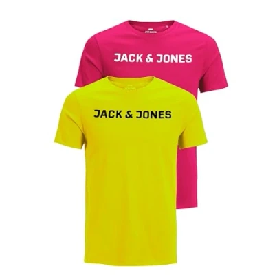 Afbeelding van JACK &amp; JONES Heren JJECORP Logo Tee SS Crew Neck, T shirt korte mouwen met ronde hals in dubbelverpakking, Set van 2 (1 x fuchsia roos, 1 veiligheidsgeel), M